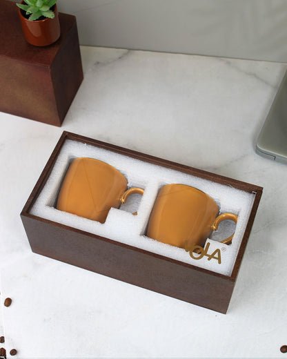 MUSTARD YELLOW / Set of 2 * 220ml || Allure Premium Porcelain Tea/Coffee Mug with Golden Rim| Multi color