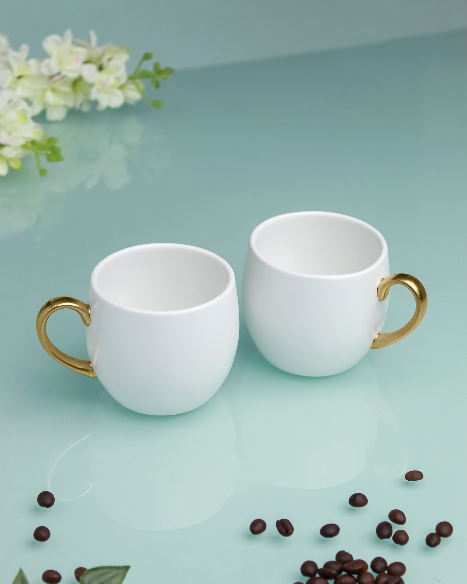 WHITE / Set of 2 * 220ml || Bloom luxurious Tea Mug | Golden handle