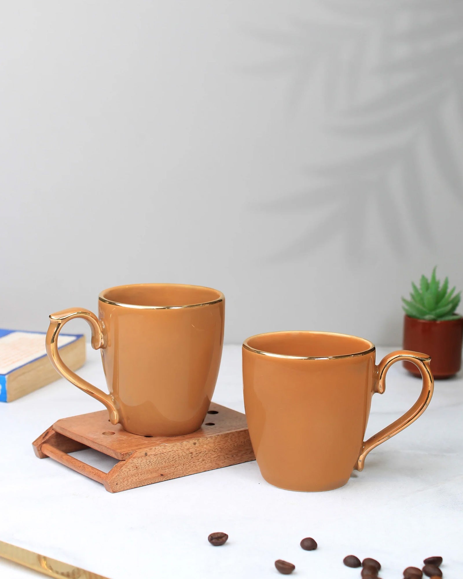 MUSTARD YELLOW / Set of 2 * 220ml || Allure Premium Porcelain Tea/Coffee Mug with Golden Rim| Multi color