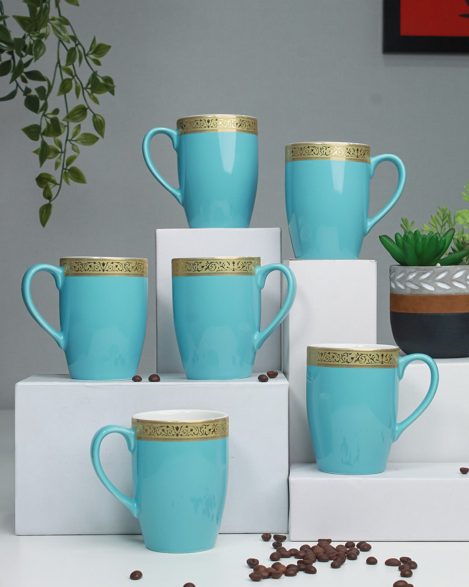 ASPIRING BLUE / Set of 6 * 230ml || Scarlet: Premium Porcelain Mugs in Pastel Colors