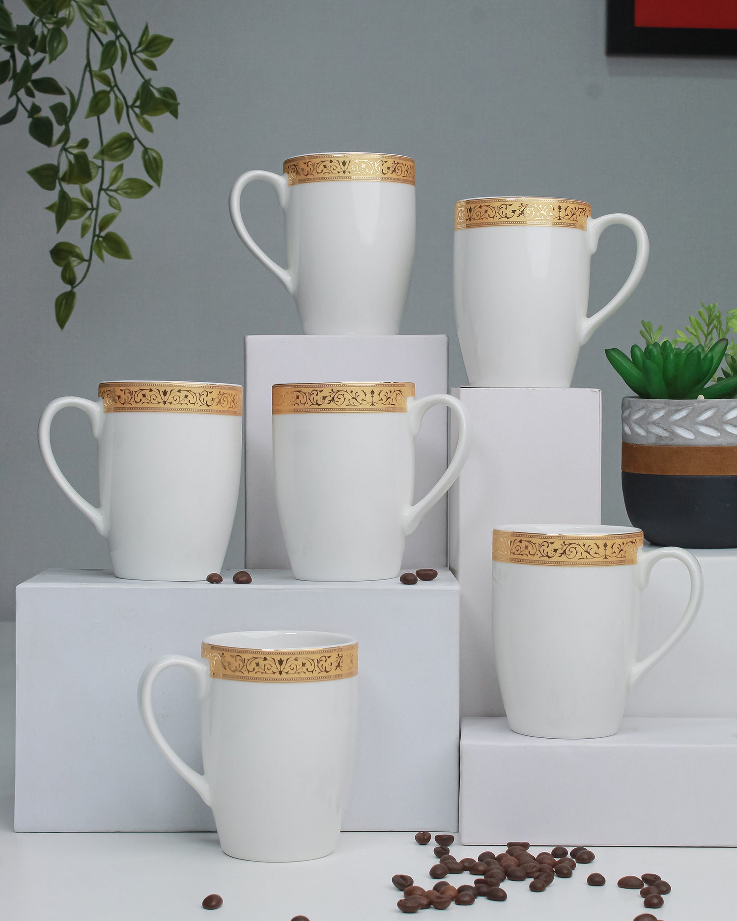 IVORY / Set of 6 * 230ml || Scarlet: Premium Porcelain Mugs in Pastel Colors