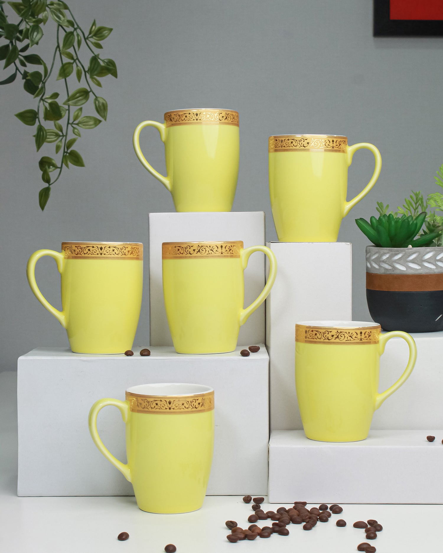 LIGHT YELLOW / Set of 6 * 230ml || Scarlet: Premium Porcelain Mugs in Pastel Colors