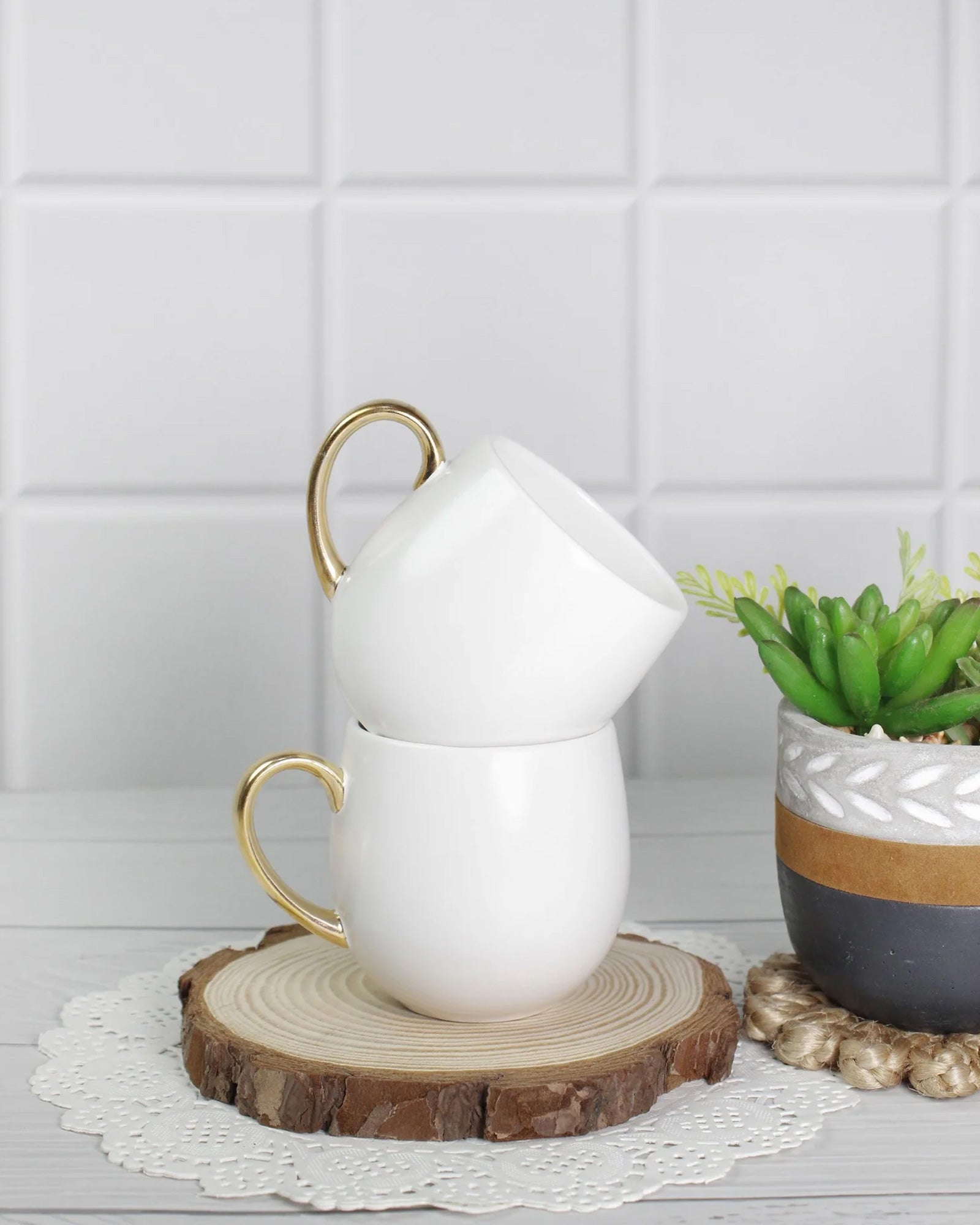 WHITE / Set of 2 * 180ml || Bloom luxurious Tea Mug | Golden handle