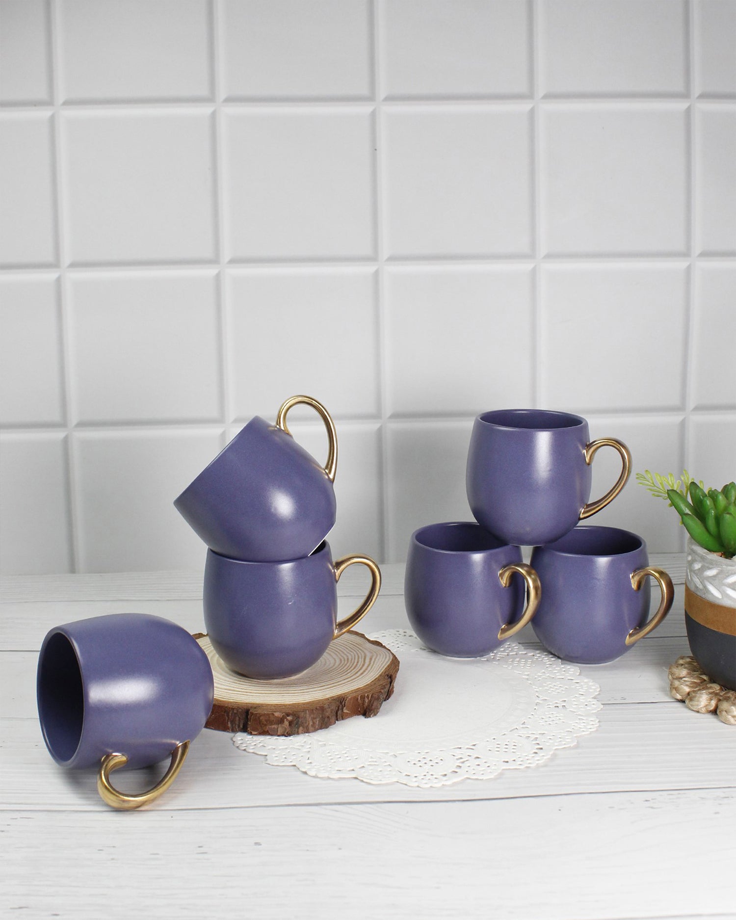 OPAQUE BLUE / Set of 6 * 180ml || Bloom luxurious Tea Mug | Golden handle