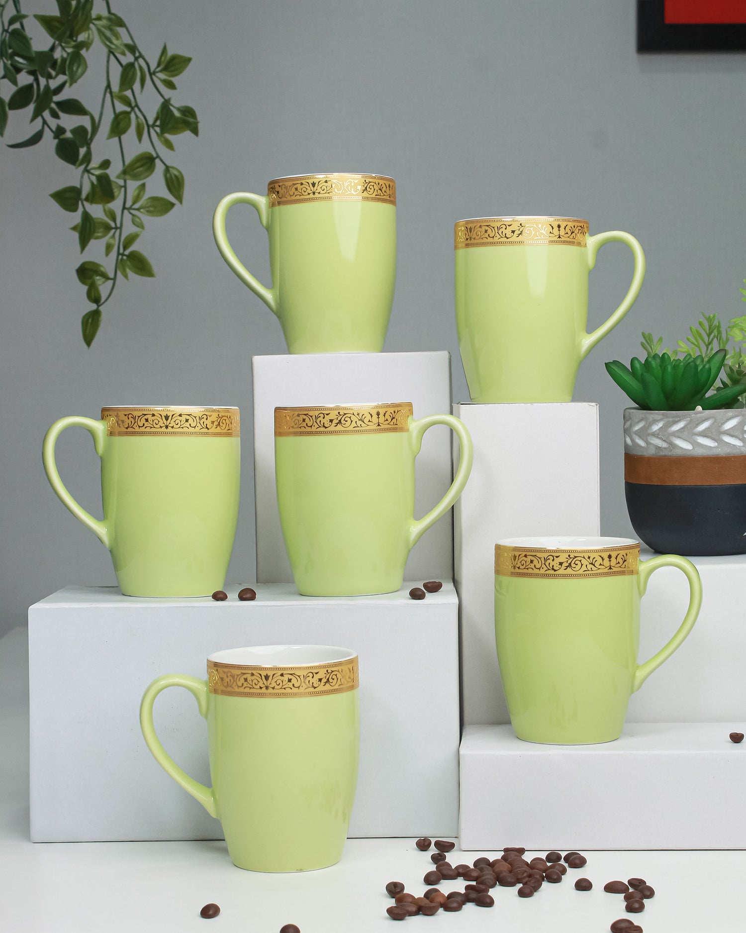 LILLY GREEN / Set of 6 * 230ml || Scarlet: Premium Porcelain Mugs in Pastel Colors