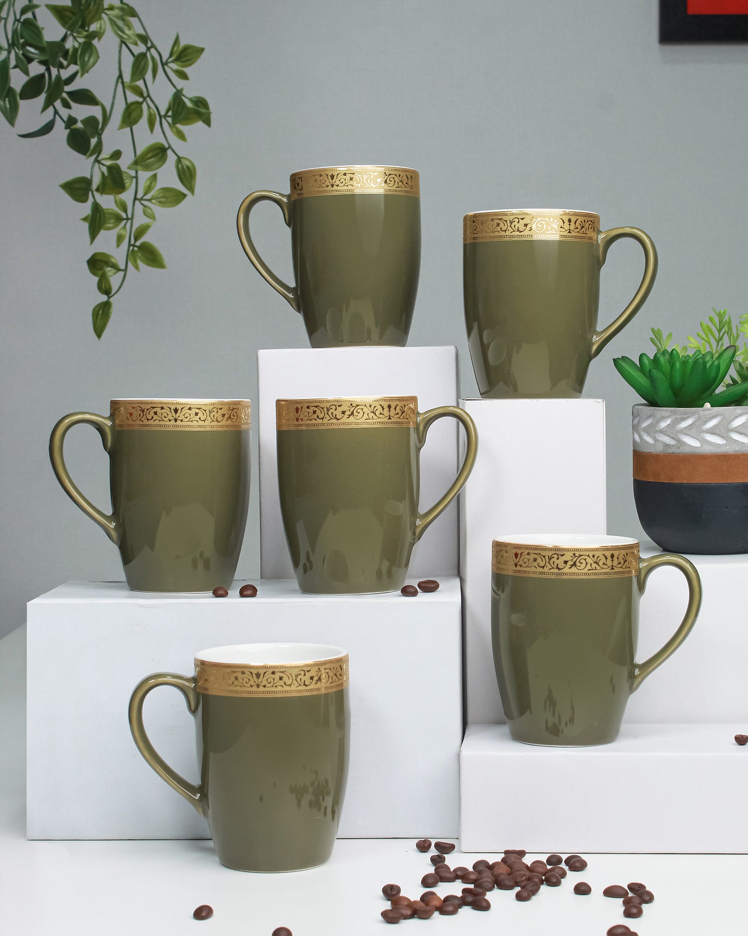 LUNAR GREEN / Set of 6 * 230ml || Scarlet: Premium Porcelain Mugs in Pastel Colors