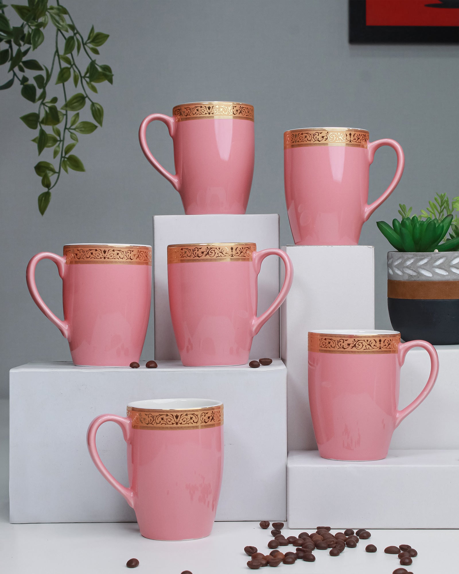 BLOOMING DALHIA / Set of 6 * 230ml || Scarlet: Premium Porcelain Mugs in Pastel Colors