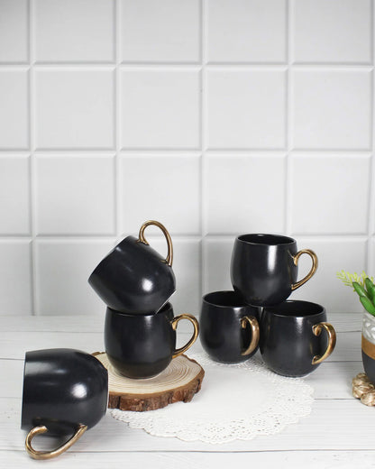 BLACK / Set of 6 * 180ml || Bloom luxurious Tea Mug | Golden handle