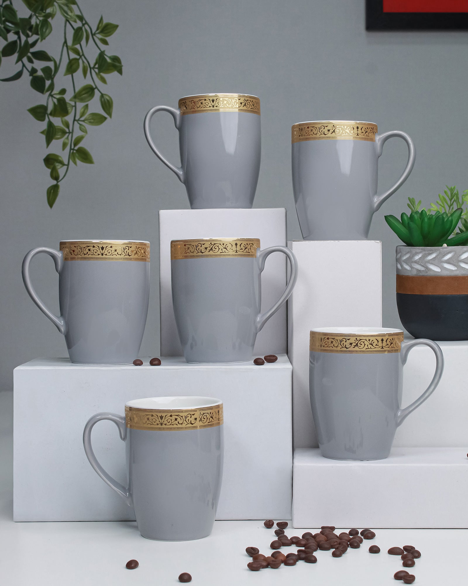 SILVER GREY / Set of 6 * 230ml || Scarlet: Premium Porcelain Mugs in Pastel Colors