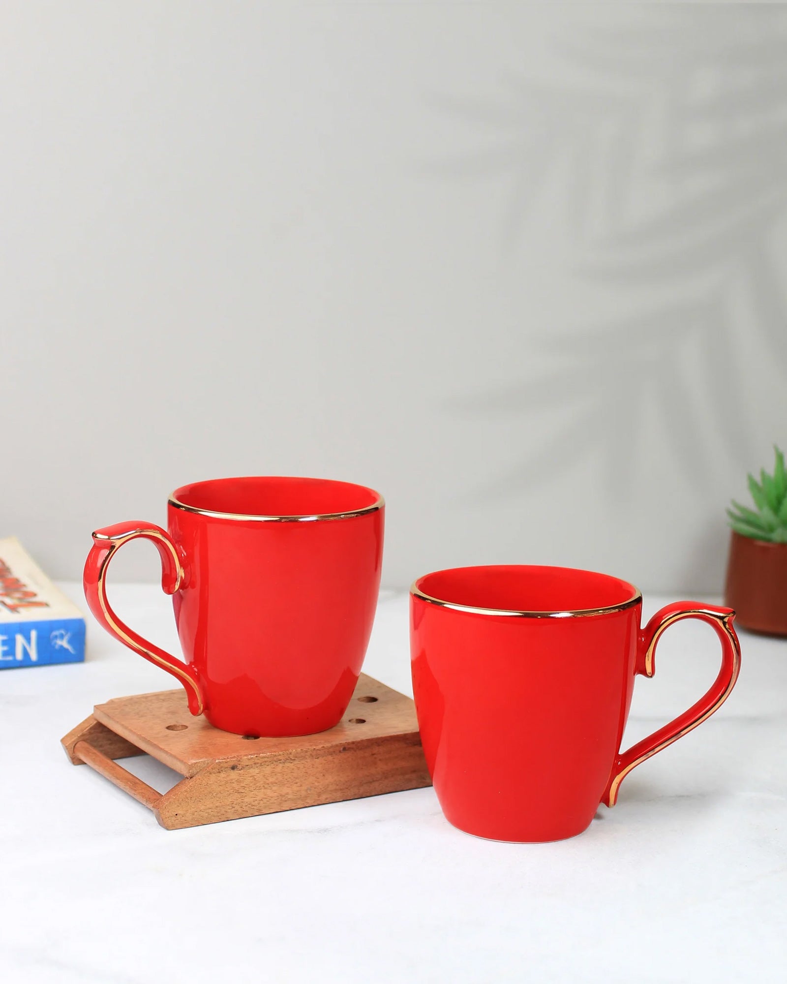 CRIMSON RED / Set of 2 * 220ml || Allure Premium Porcelain Tea/Coffee Mug with Golden Rim| Multi color