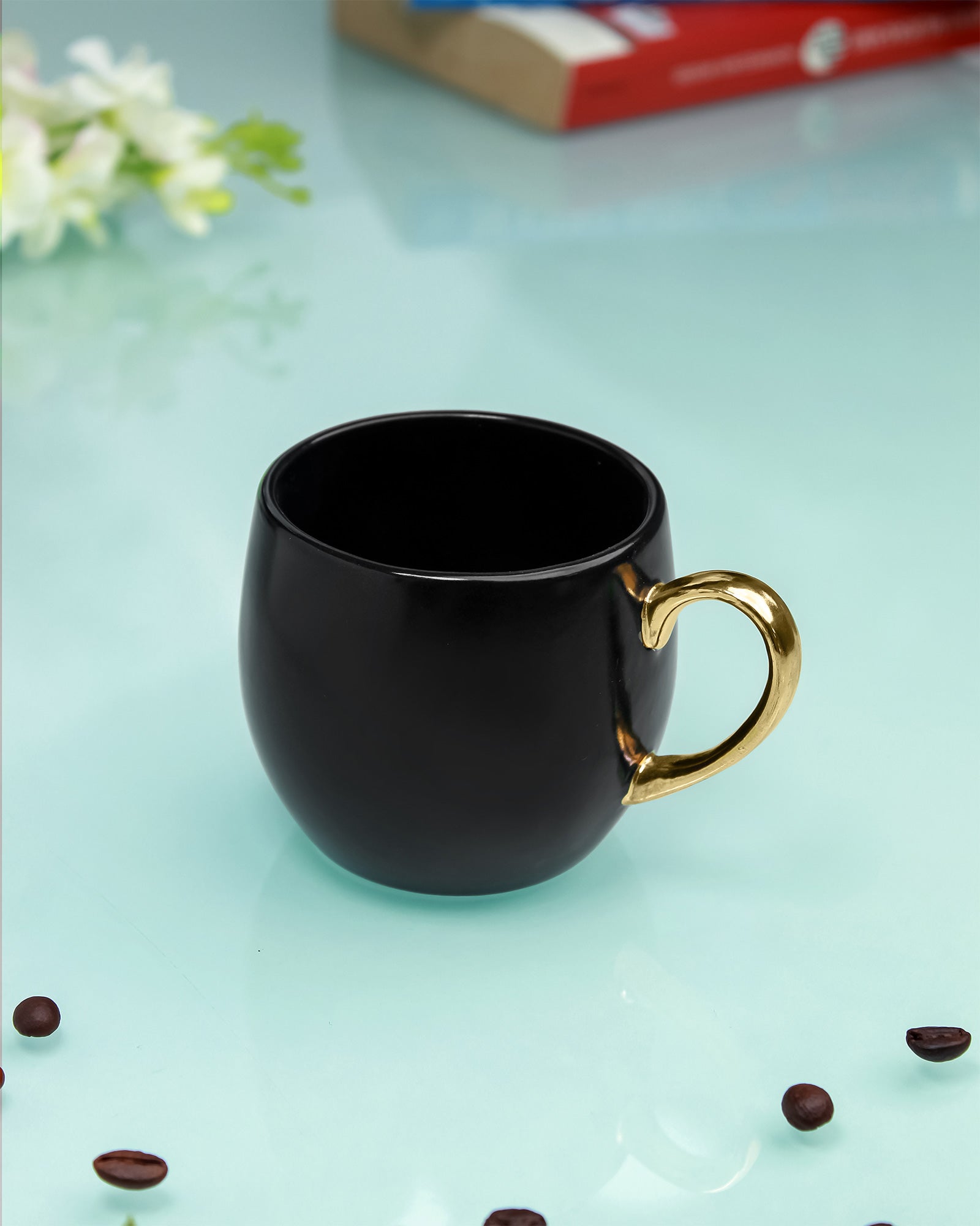 BLACK / Set of 6 * 220ml || Bloom luxurious Tea Mug | Golden handle