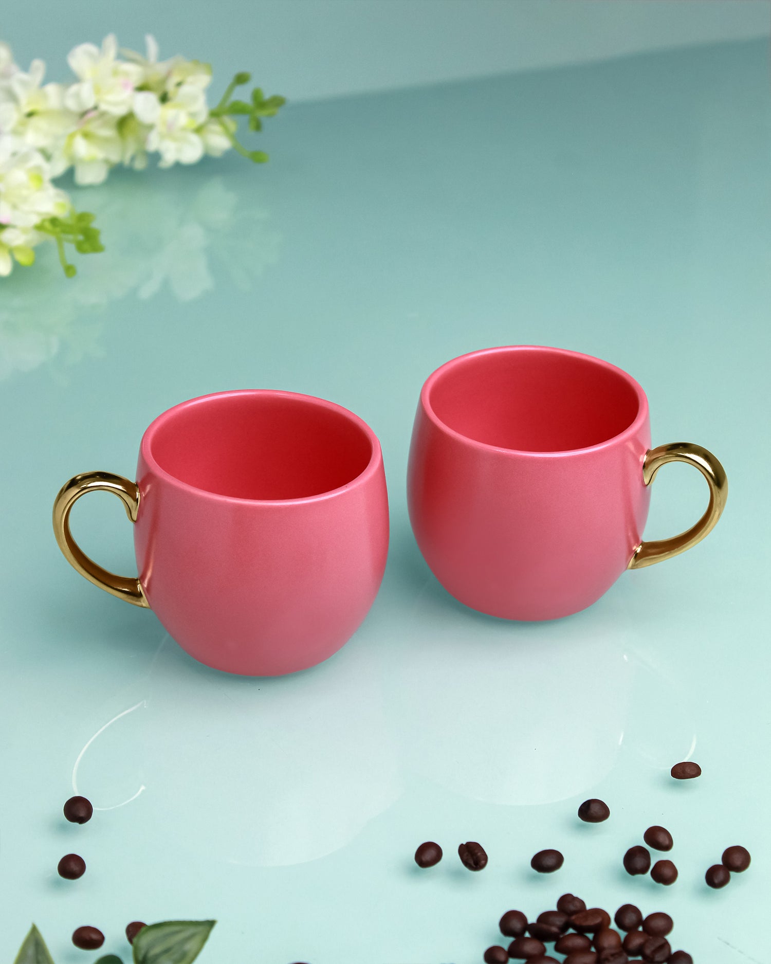 STRAWBERRY ICE / Set of 2 * 220ml || Bloom luxurious Tea Mug | Golden handle