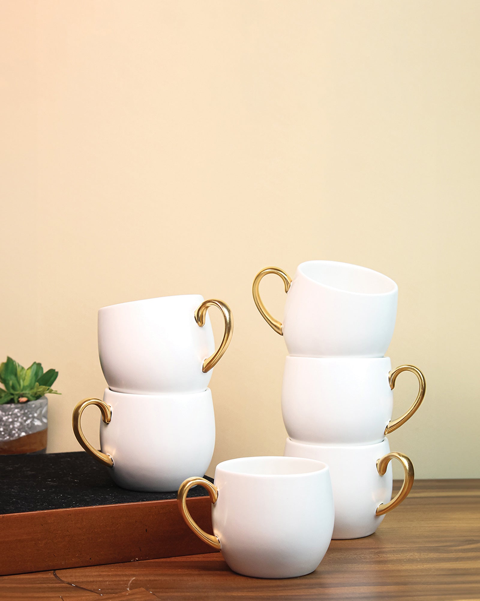 WHITE / Set of 6 * 220ml || Bloom luxurious Tea Mug | Golden handle